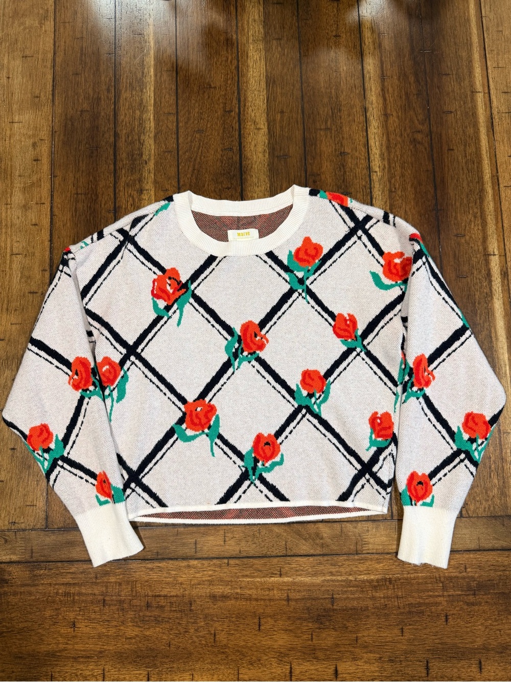 Maeve Anthropologie White Crewneck Sweater with Red Rose Grid Size X-Small